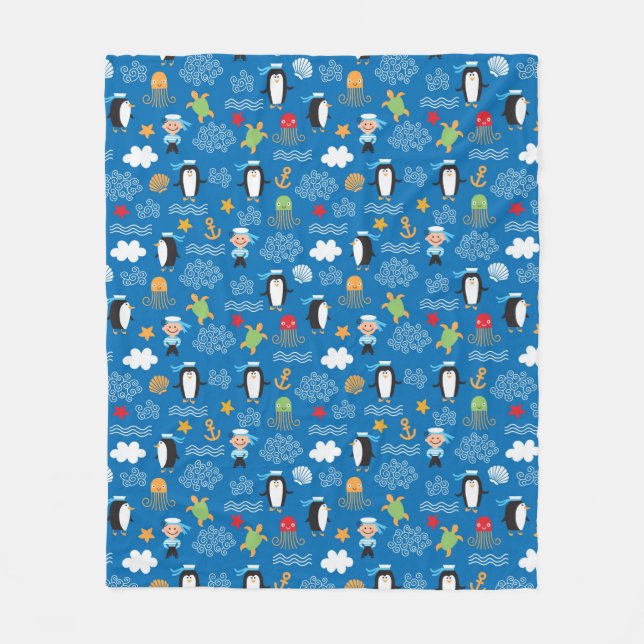 pattern with sea theme fleece blanket (Front)