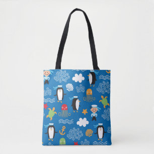 pattern with sea theme tote bag
