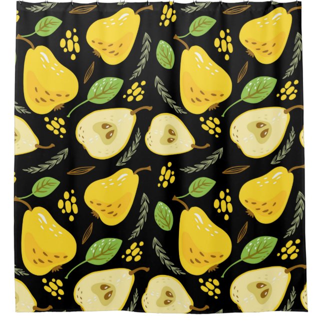 Pattern with sweet yellow pears with leaves, flowe shower curtain (Front)