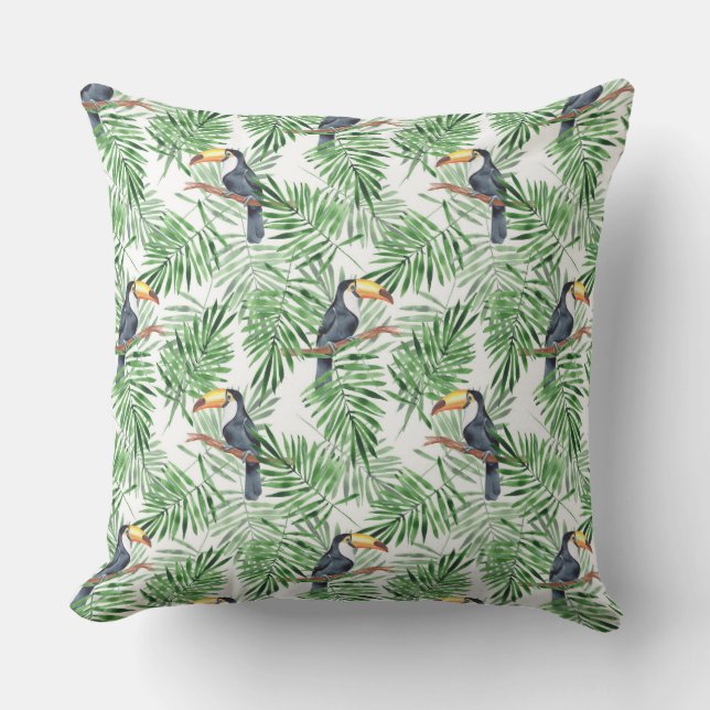 Pattern with toucan and green palm leaves cushion (Front)