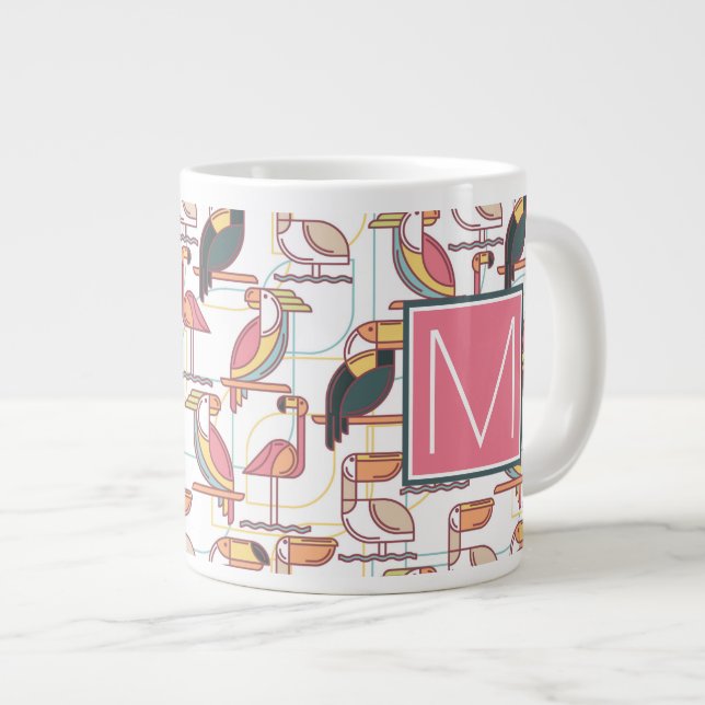 Pattern With Tropical Birds | Add Your Initial Large Coffee Mug (Front Right)
