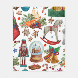 Pattern with Vintage Christmas ornaments, toy and  Fleece Blanket