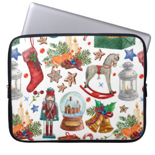 Pattern with Vintage Christmas ornaments, toy and Laptop Sleeve