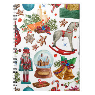 Pattern with Vintage Christmas ornaments, toy and Notebook