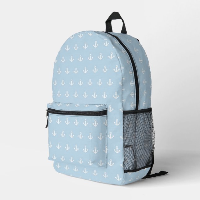 Pattern with white anchors on blue printed backpack (Back Corner Right)