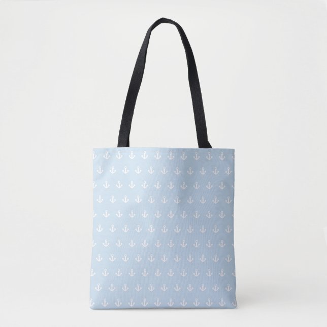 Pattern with white anchors on blue tote bag (Front)
