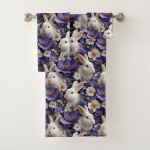 Pattern with White Rabbits and Purple Flowers Bath Towel Set