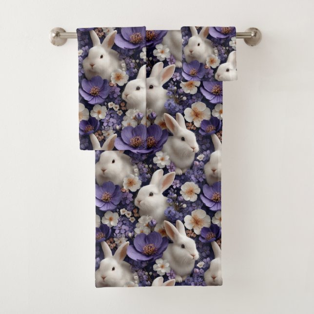 Pattern with White Rabbits and Purple Flowers Bath Towel Set (Insitu)