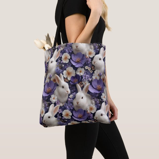 Pattern with White Rabbits and Purple Flowers Tote Bag (Close Up)
