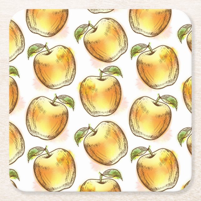 Pattern with yellow apple square paper coaster (Front)