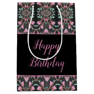 Patterned Black Gift Bag With Teal and Pink Accent