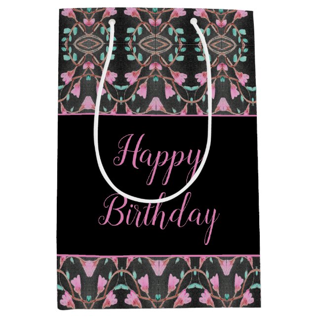 Patterned Black Gift Bag With Teal and Pink Accent (Front)