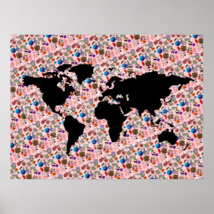 patterned black world map poster