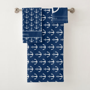 Patterned Blue White Anchors Name Bath Towel Set
