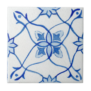 Patterned Blue & White Mediterranean Watercolor Tile