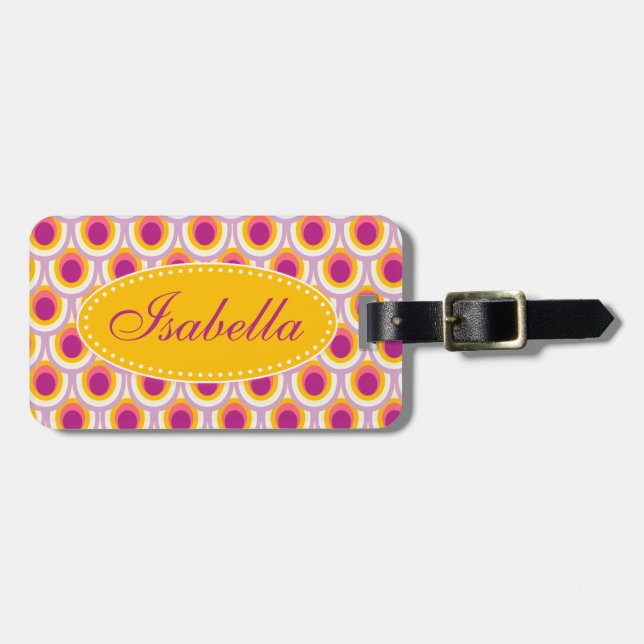 Patterned bright yellow pink named luggage tag (Front Horizontal)