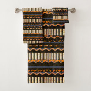 Patterned Brown, Blue, Orange Bath Towel Set