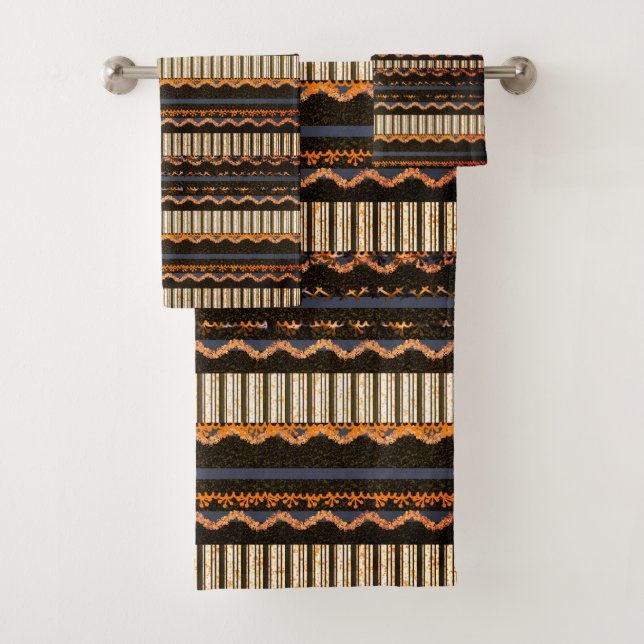 Patterned Brown, Blue, Orange  Bath Towel Set (Insitu)