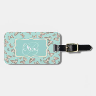 Patterned butterflies teal named luggage tag