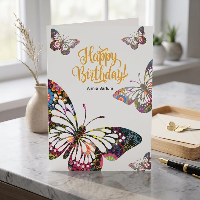 Patterned Butterfly Birthday Greeting Card (Bright butterfly wishes for a happy day.)