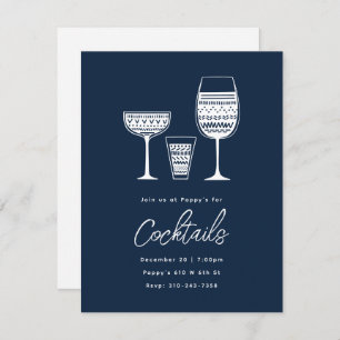 Patterned Cocktails Navy Blue Cocktail Party Invitation