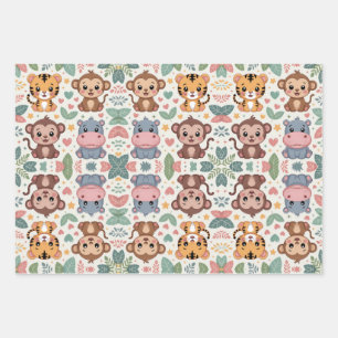 Patterned design featuring cartoon animals  wrapping paper sheet