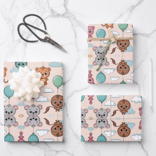 Patterned design featuring colourful cartoon anima wrapping paper sheet