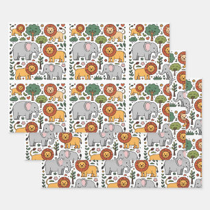 Patterned design featuring elephants, lions. wrapping paper sheet