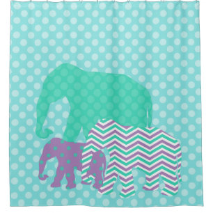 Patterned Elephants on Polka Dots Shower Curtain