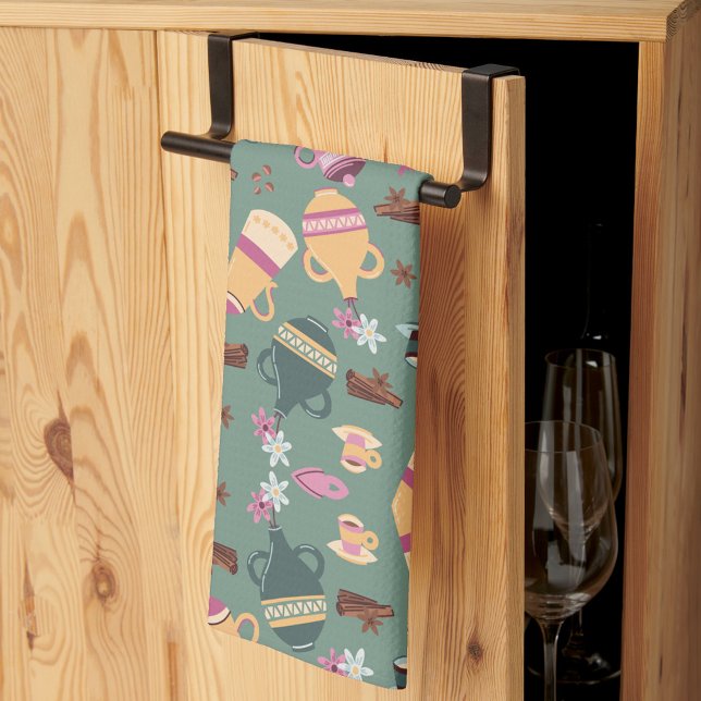 Patterned fabric featuring colourful teapots, cups tea towel (Creator Uploaded)