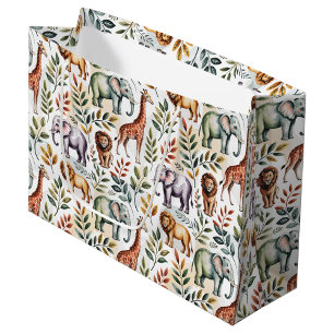 Patterned fabric featuring elephants, giraffes large gift bag