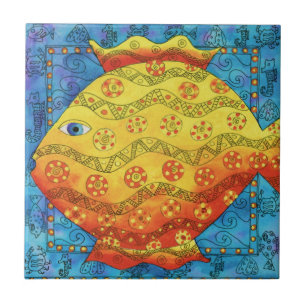 Patterned Fish Watercolour Illustration Tile