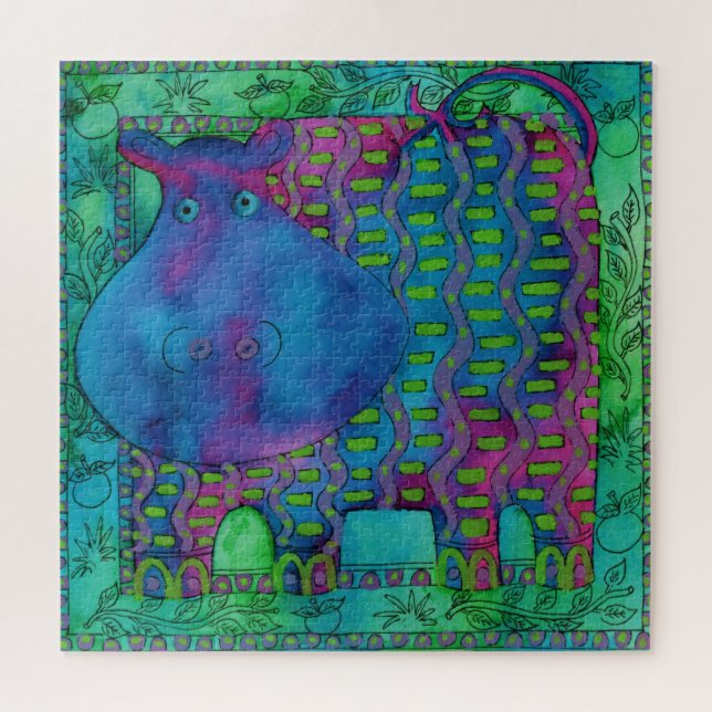 Patterned Hippo Watercolour Illustration Jigsaw Puzzle (Horizontal)