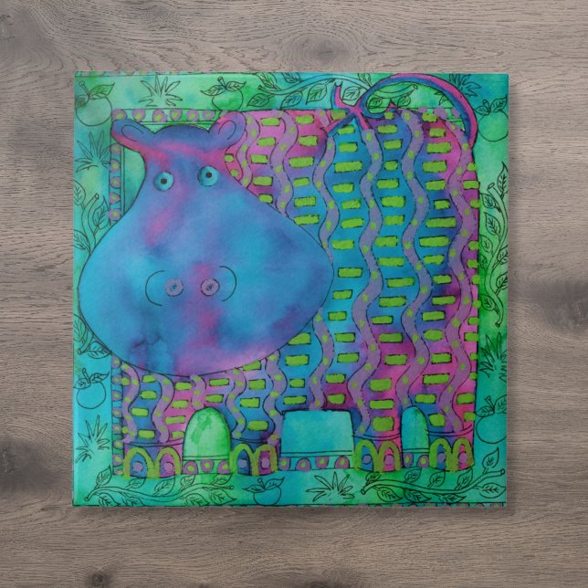 Patterned Hippo Watercolour Illustration Tile (Patterned Hippo Watercolour Illustration Ceramic Tile)
