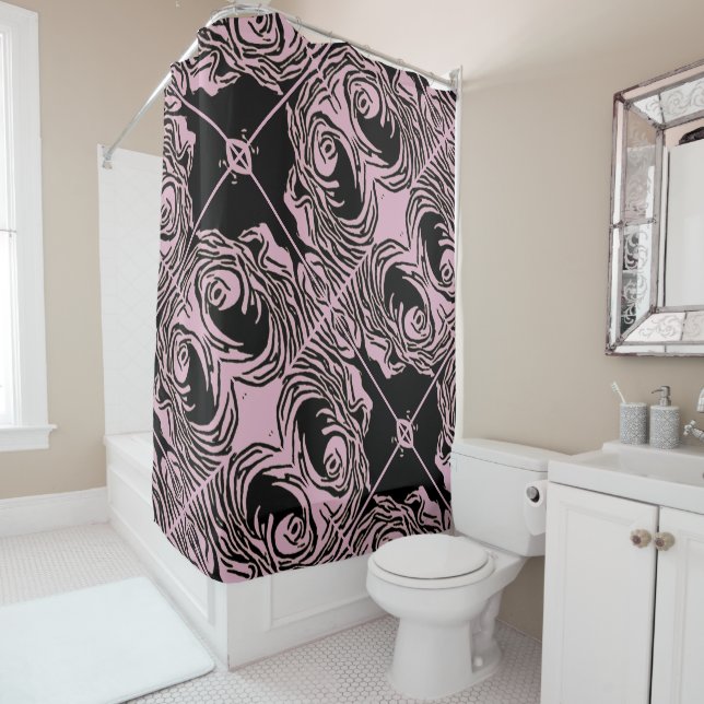 Patterned Pink Black Abstract Shower Curtain (In Situ)