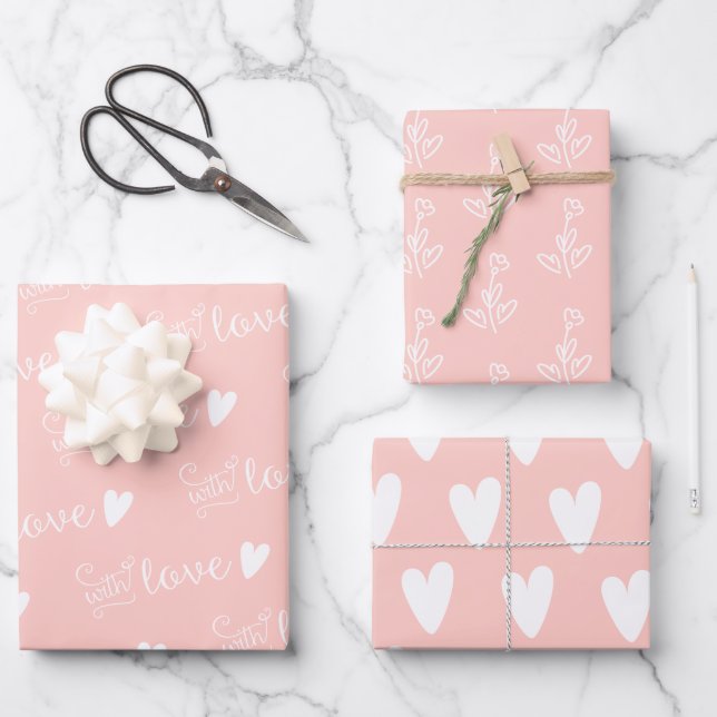 Patterned Pink Floral With Love  Wrapping Paper Sheet (Front)