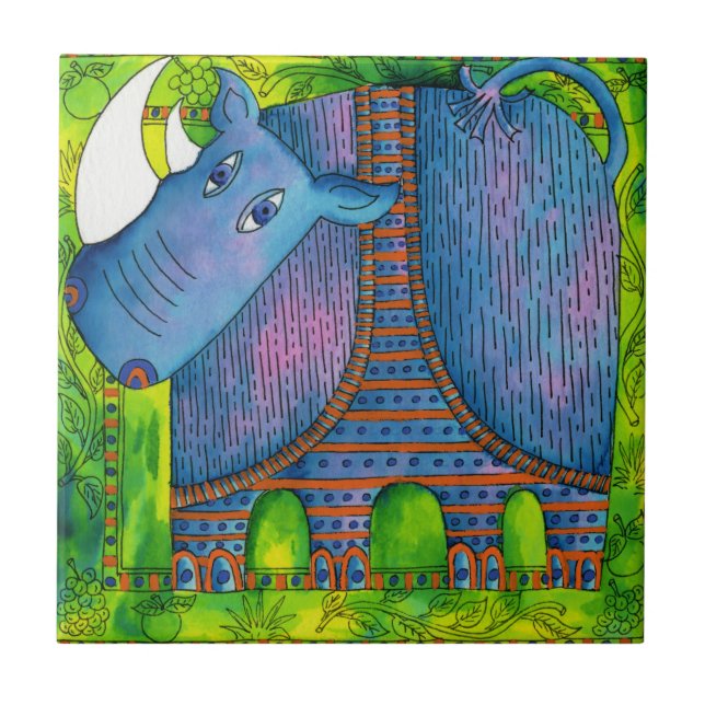 Patterned Rhino Watercolour Illustration Tile (Front)