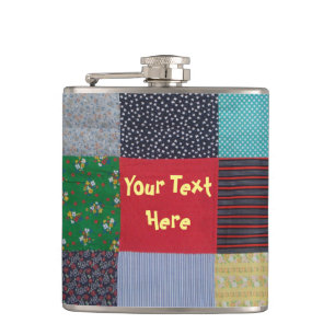 patterned squares of colourful vintage patchwork hip flask