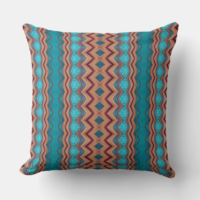 Patterned Teal, Rust, Brown Throw Pillow (Front)