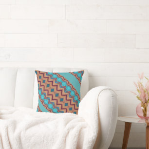 Patterned Teal, Rust, Brown Throw Pillow