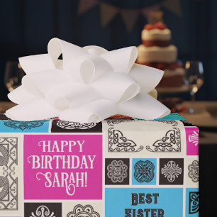 Patterned Tiles Birthday Add The Text Black White Wrapping Paper