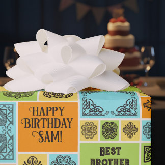 Patterned Tiles Birthday Add The Text Orange Green Wrapping Paper