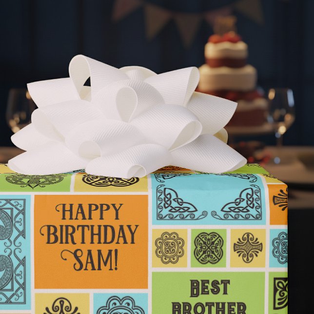 Patterned Tiles Birthday Add The Text Orange Green Wrapping Paper (Creator Uploaded)
