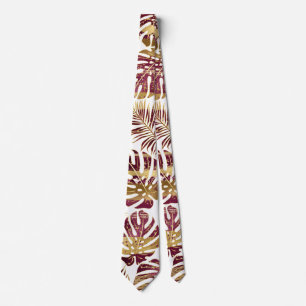 Patterned tropical leaves burgundy and gold tie