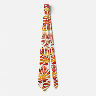 Patterned tropical leaves orange and gold tie