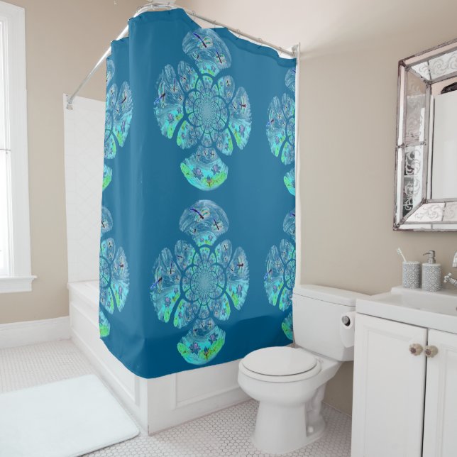 Patterned Waterlily Dragonfly Shower Curtain (In Situ)