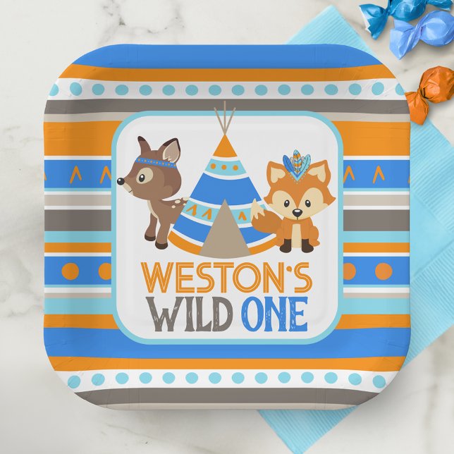 Patterned Wild One Boy First Birthday Paper Plate (Wild One Patterned 1st Birthday Paper Plates in Blue, Brown & Orange. Fox, Deer & Teepee Tent)