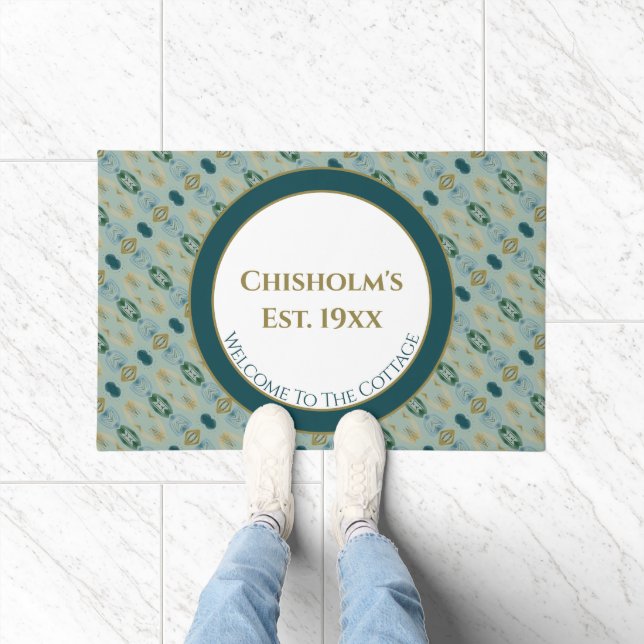 Patterned With Turquoise And Light Green Doormat (Indoor)