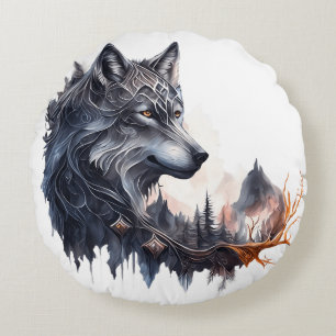 Patterned Wolf  Round Cushion