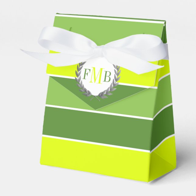 Patttern of green stripes and monogram wedding favour box (Front Side)